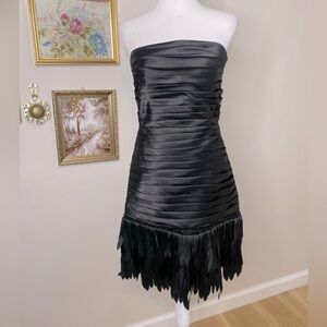 White House Black Market Black Satin Rouged Faux Feather Hem Strapless Dress Sz2